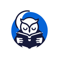 A serene owl reading a book under a crescent moon, symbolizing wisdom and nighttime learning