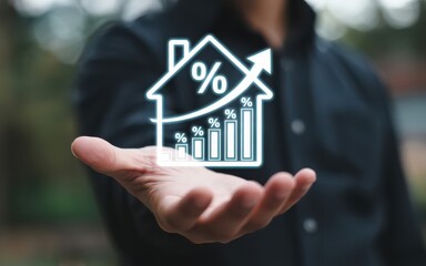 Person holding house icon with percentage sign and graph showing growth