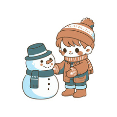 A cheerful child in winter attire builds a snowman in a snowy landscape, evoking joy