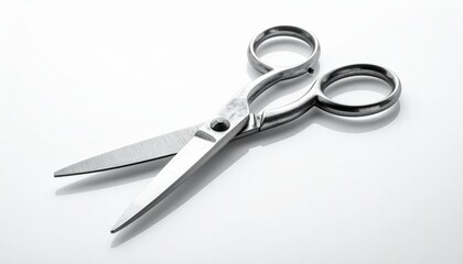 Fototapeta premium Open stainless steel scissors on white surface, showcasing sleek design and cutting precision.