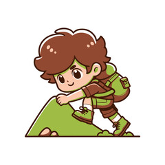 A cheerful child with a backpack climbing a green hill, surrounded by nature and rocks