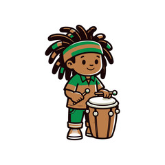 A cheerful child with dreadlocks playing conga drums in a vibrant outdoor festival setting