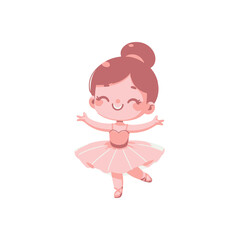 A cheerful young ballerina in a pink tutu performing a dance pose on a white background