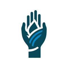 A stylized hand cradling a water droplet, symbolizing care for the environment and sustainability