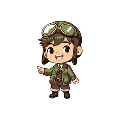 A cheerful young aviator character in a green pilot outfit, pointing confidently, with a simple background
