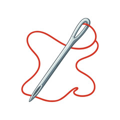 A close-up of a sewing needle threading a vibrant red string on a white background