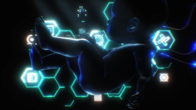 A 3D character of a synthetic human baby attached to wires and floating over a tech style background with digital detail and pulsing effects.
