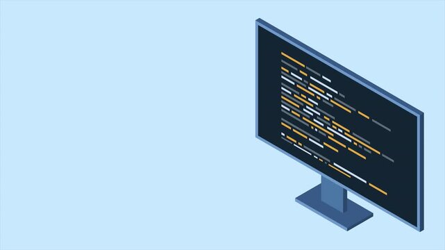 Isometric monitor animation. Software programming coding concept. Code on computer monitor. Isometric technology. 4K video animated in isometric style
