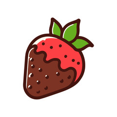 A delicious chocolate-covered strawberry with vibrant red color and green leaves, ideal for dessert promotions