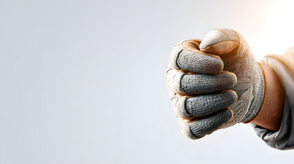 a fist of worker in the glove under sunshine