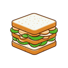 A delicious three-layer sandwich with fresh vegetables and creamy fillings on a white background