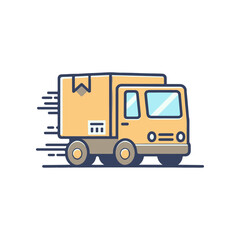 A delivery truck speeding through a city street with a clear blue sky in the background