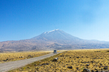 The scenic views of Mount Ararat, with an elevation of 5,137 m (16,854 ft), also known as Masis or Mount Ağrı, is a snow-capped and dormant compound volcano in Turkey. 