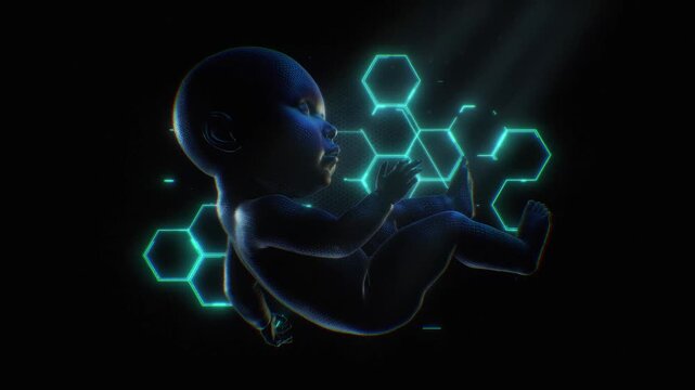 A 3D character of a synthetic human baby attached to wires and floating over a tech style background with digital detail and pulsing effects.
