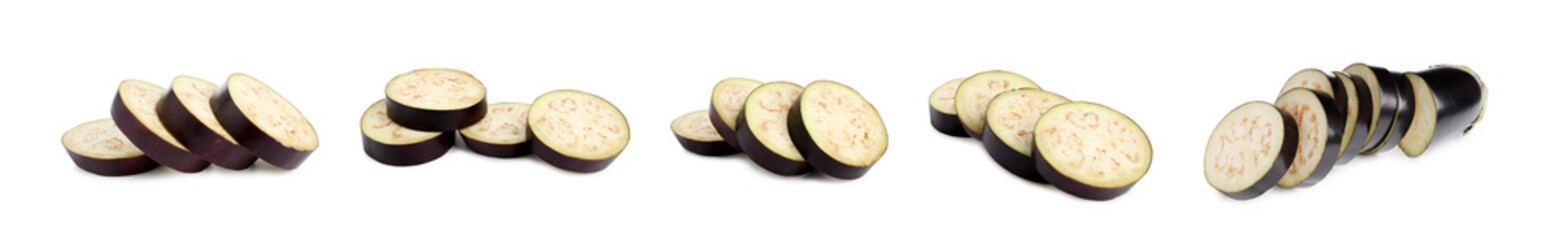 Eggplant slices isolated on white, set. Fresh vegetable