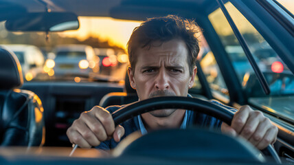 Frustrated man driving a car in heavy traffic during sunset with intense expression and gripping the steering wheel