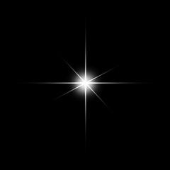 Glowing white star with eight points of light emanating outward on black backdrop.