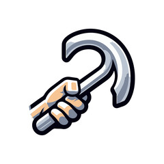 A stylized hand gripping a metallic sickle against a clean white background, symbolizing labor