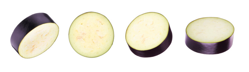 Eggplant slices isolated on white, set. Fresh vegetable