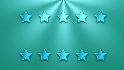 Ten translucent blue stars arranged against a teal backdrop with radiating light beams.