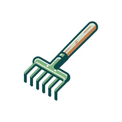 A vibrant garden rake with a wooden handle, resting on a lush green lawn under a clear sky