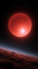 Fototapeta premium Celestial Marvel: A captivating view of an unknown planet, adorned with atmospheric clouds. The vibrant red sun casts its glow across the celestial canvas, speckled with stars. 