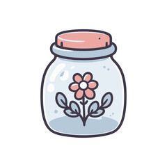 A whimsical glass jar containing a delicate pink flower, set against a plain background