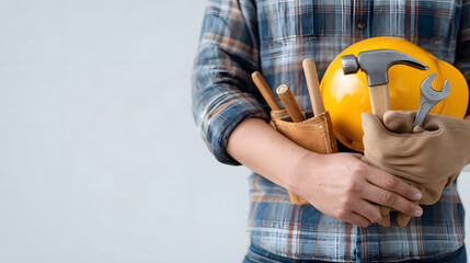 Construction worker holding his tools, ready for work. The image shows a construction worker holding a variety of tools essential for their trade