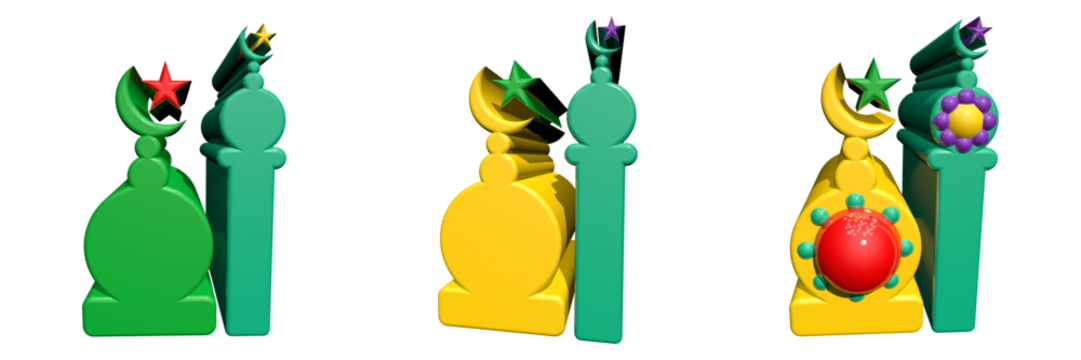 Three decorative ramadan lanterns and mosque minarets against a black background