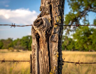Rustic Wooden Fence Post in a Field.