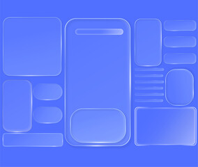 vector illustration of a set of blue buttons, White light grey blueb background abstract sheet. Smooth frosted blur panel. Soft transition. Subtle drop shadow glow. Minimal glass style. Noise grain te