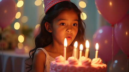 Little girl in party hat, blows out the candles on her birthday cake against the backdrop of decorated room in pastel colors