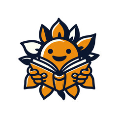 Cheerful character with a book surrounded by vibrant leaves, symbolizing knowledge and growth