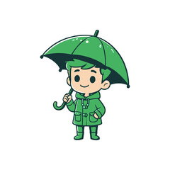 Cartoon character in a green raincoat holding a green umbrella against a white background