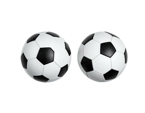 Two identical soccer balls, black and white panels, against a black background