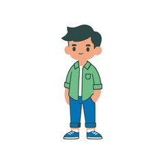 Cartoon illustration of a young boy standing confidently with a casual outfit in a minimalist setting