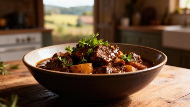 Delicious French beef bourguignon served in a rustic bowl on a wooden table.