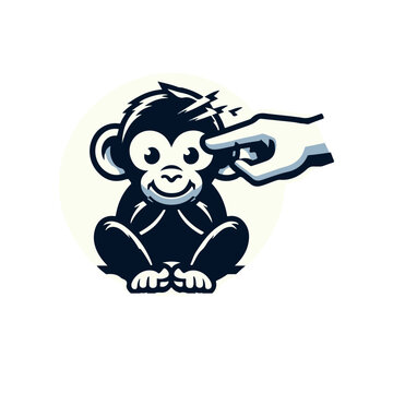 Cute cartoon monkey being gently touched on the forehead by a hand, playful interaction