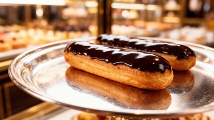 Delicious chocolate eclairs on a silver platter in a French patisserie.