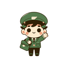 Cheerful cartoon mail carrier waving while holding a mailbag, set against a simple background