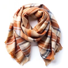 Cozy plaid scarf in warm orange, beige, and blue tones, folded and isolated on a white background