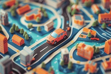 Orange car navigating a miniature paper city, symbolizing urban planning, transportation, and city life
