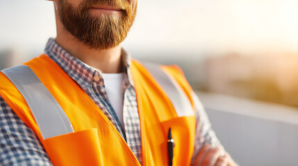 a confident worker in an orange safety vest smiling. This photo captures the essence of a construction site or industrial setting