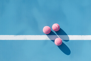 A photograph of pink tennis balls on a blue court with white lines

