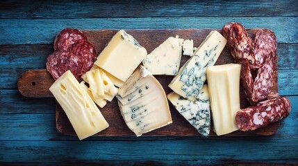 gorgonzola. Artfully arranged selection of fine cheeses and cured meats on a rustic wooden board, top-down view. menu design.