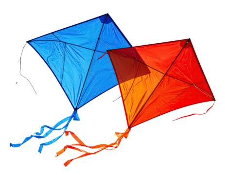 Two vibrant kites, blue and red, in flight against a black background