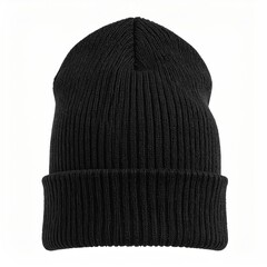 A simple, black ribbed knit beanie hat, folded at the crown, showcasing a classic, unisex design