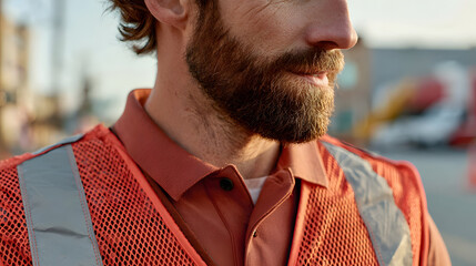 Close-up of a man wearing an orange safety vest. Focused on the details of the man and the vest's texture.