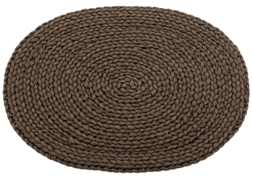 Isolated brown oval jute placemat with woven spiral design on seamless background