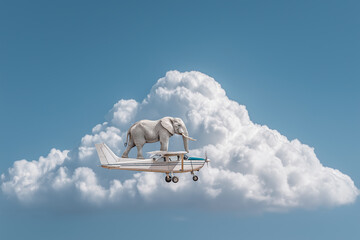 A small propeller-driven light aircraft flying in the sky. A massive elephant stands on top of the light aircraft. 